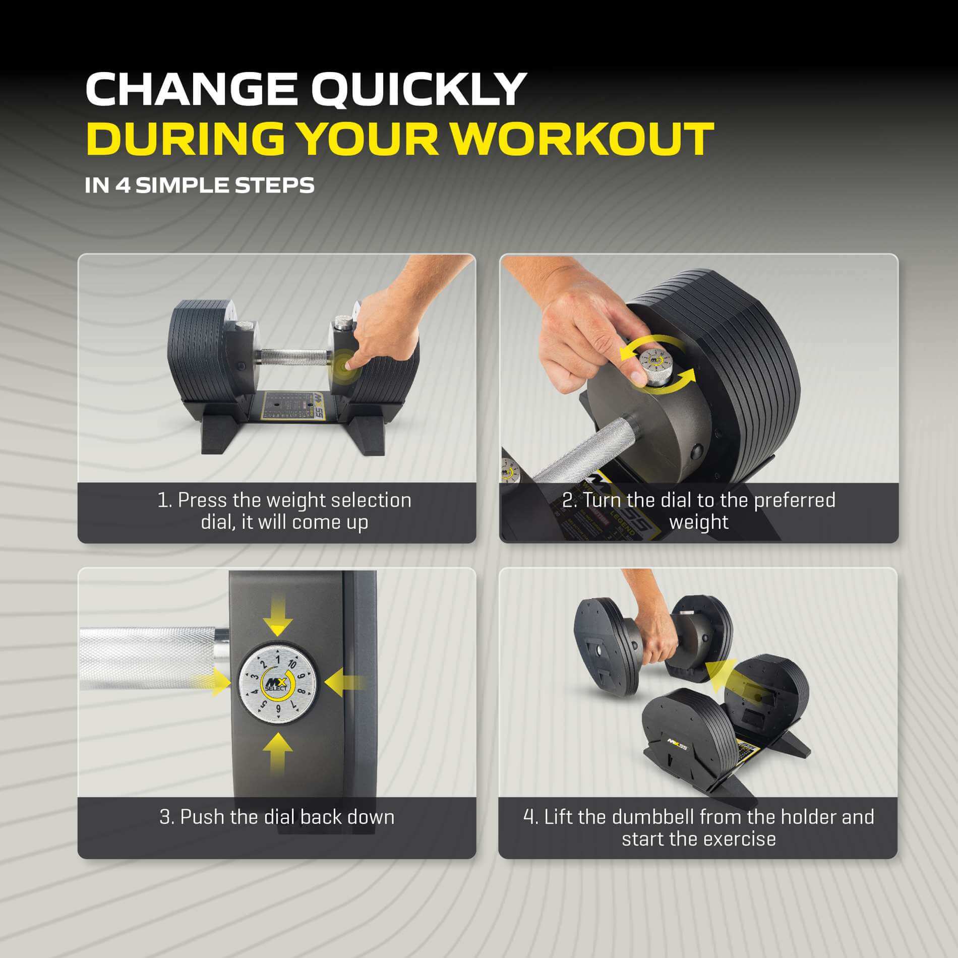 Rapid change adjustable dumbbell steps